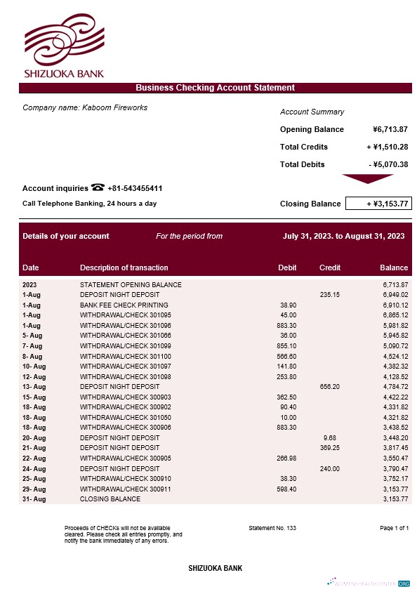 Download Shizuoka Bank organization checking account statement Word and PDF template Photoshop template